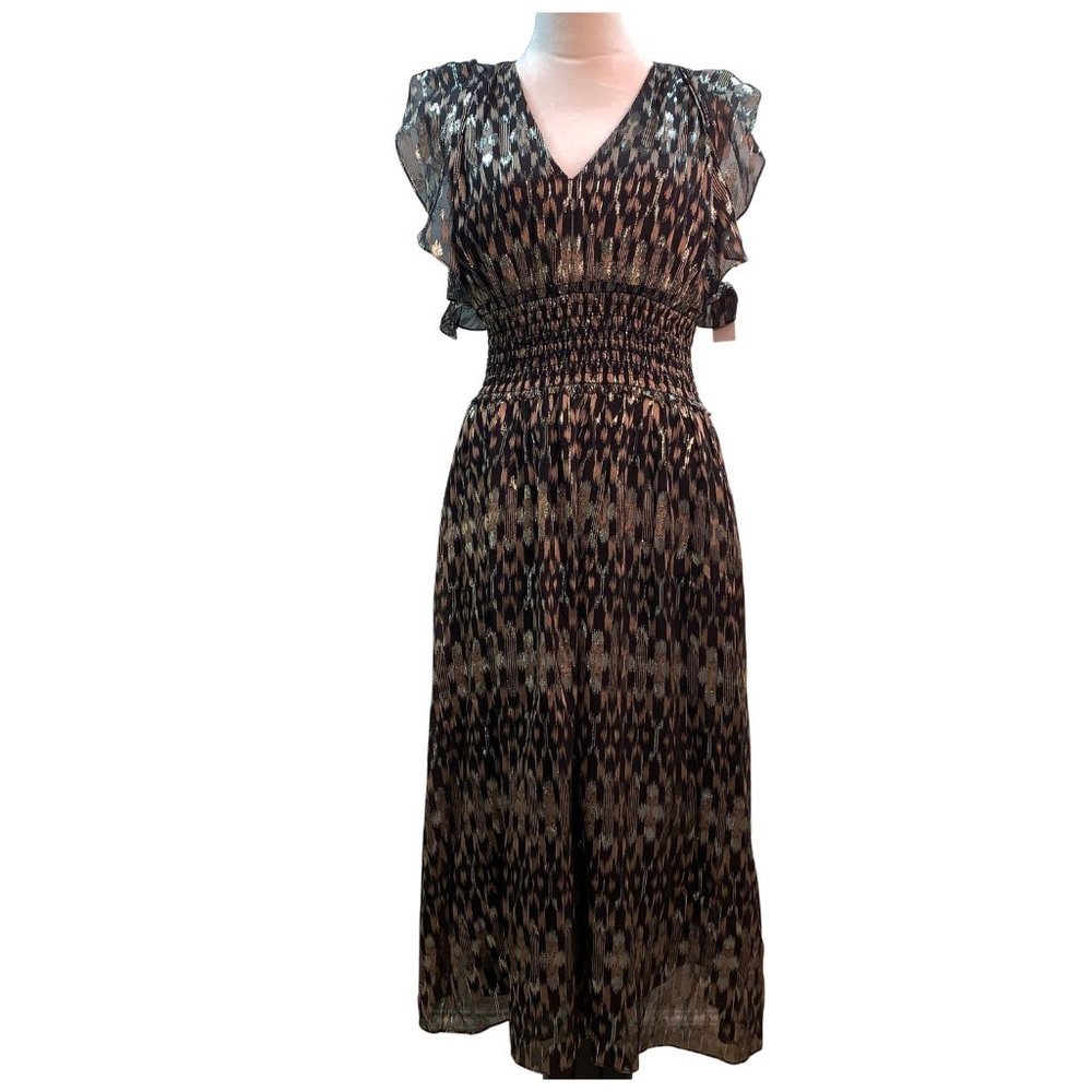 Joie Pheobe Women's Metallic Silk Smocked Midi Dress Caviar Black Size Small NWT